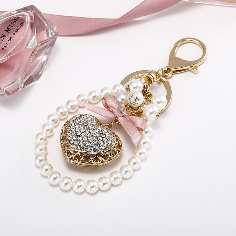 Exquisite Heart-shaped Keychain Full Diamond Peach Heart Pearl Pendant