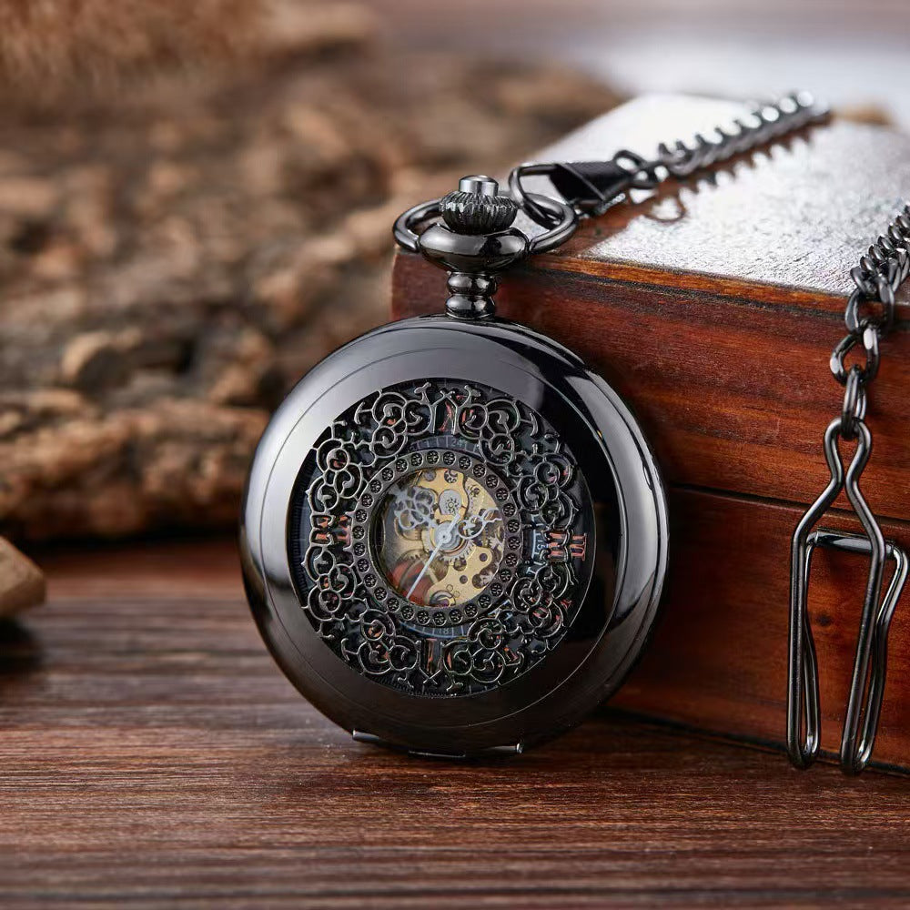 Retro Hollow Big Floral Print Automatic Mechanical Pocket Watch