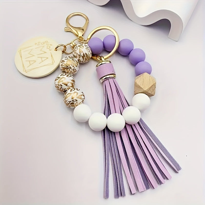 Silicone Bead Bracelet with Tassels and Wooden Bead Keychain