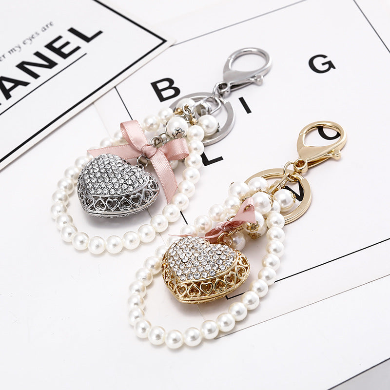 Exquisite Heart-shaped Keychain Full Diamond Peach Heart Pearl Pendant