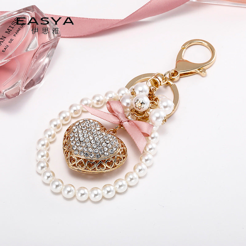 Exquisite Heart-shaped Keychain Full Diamond Peach Heart Pearl Pendant