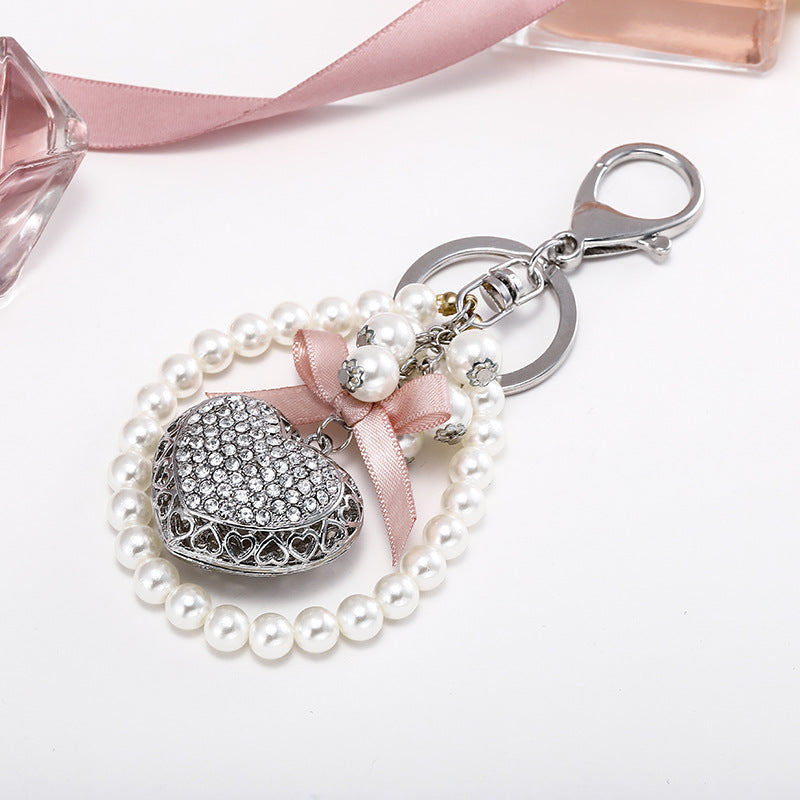 Exquisite Heart-shaped Keychain Full Diamond Peach Heart Pearl Pendant