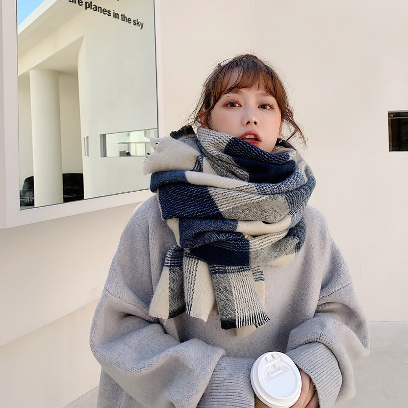 Women's Japanese-style White And Blue Plaid Scarf