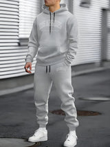 Autumn And Winter Fleece-lined Letter Print Same Color Sweatshirt And Sweatpants Suit Men