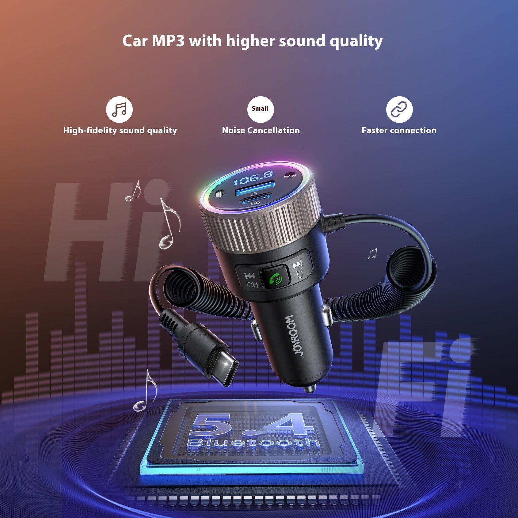 Car Bluetooth Transmitter Digital Display 60W Fast Car Phone Charger With Spring C Line