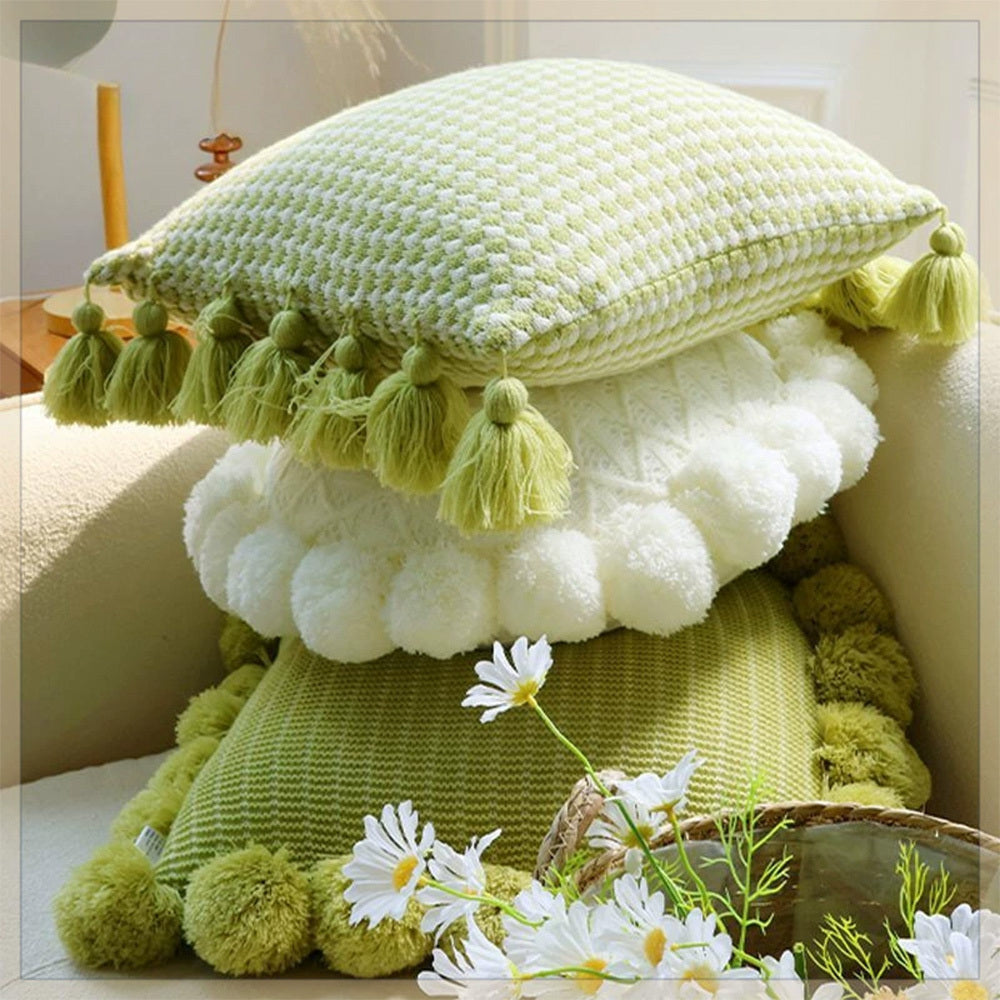 Home Decoration Knitting Cushion Cover Mint Green Tassel Pillowcover Modern Sofa Living Room Waist Pillow Bed Head Round Pillow Ins Style Pillow