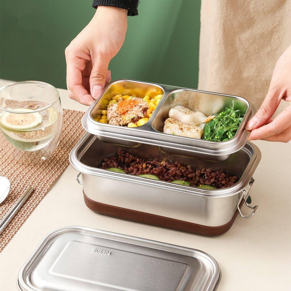 304 Stainless Steel Thermal Bucket Lunch Box Student Office Worker Leak-proof Double-layer Sealed Lunch Box Crisper