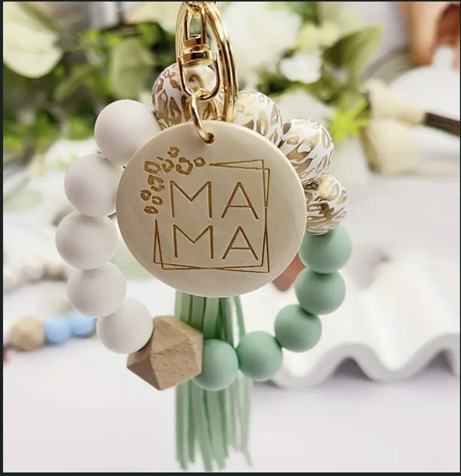 Silicone Bead Bracelet with Tassels and Wooden Bead Keychain