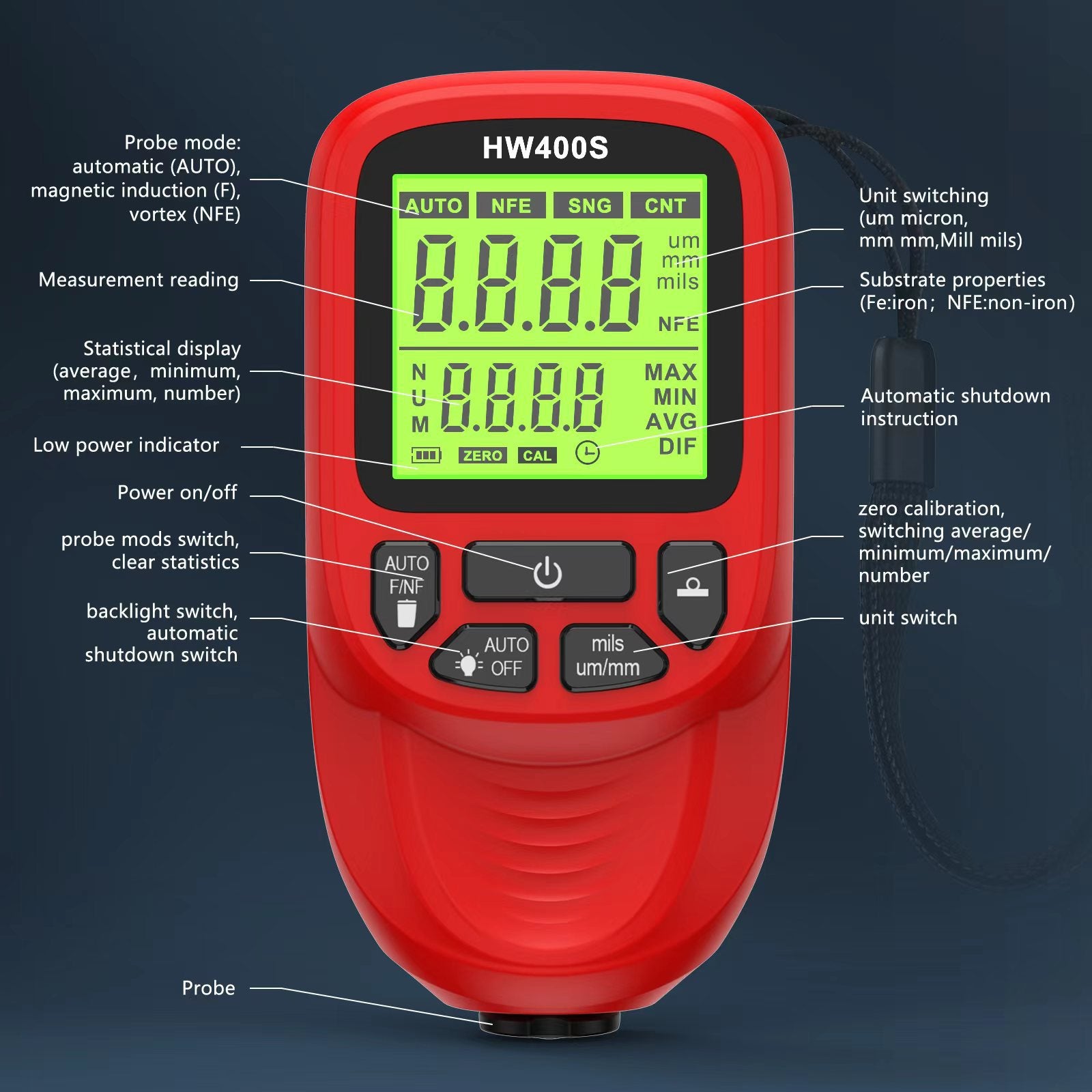 Hw-400s Thickness Gauge High Precision Industrial Iron Aluminum Coating Thickness Gauge