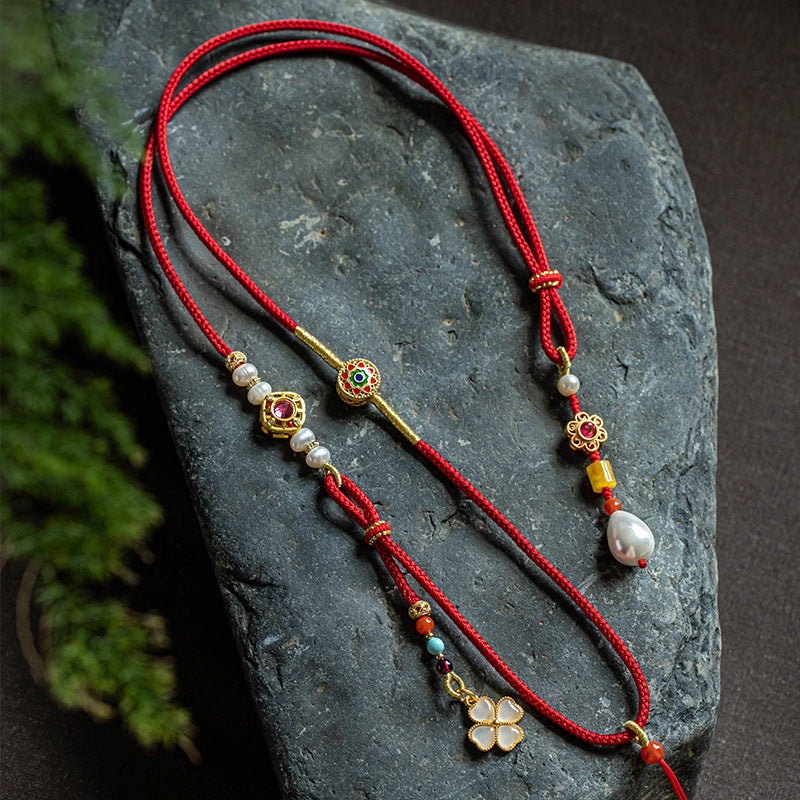 Antique Style Gold Pendant Lanyard Fine Woven Long Jade Emerald Beeswax
