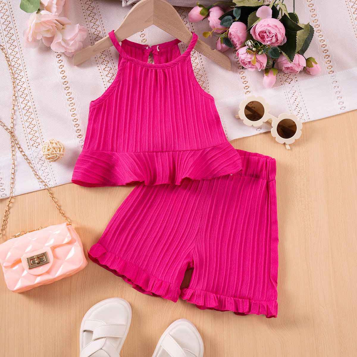 Girls Cold-shoulder Sleeveless Vest Two-piece Set