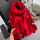 Beige Artificial Cashmere Scarf Fur Ball Winter Warm Tassel Shawl
