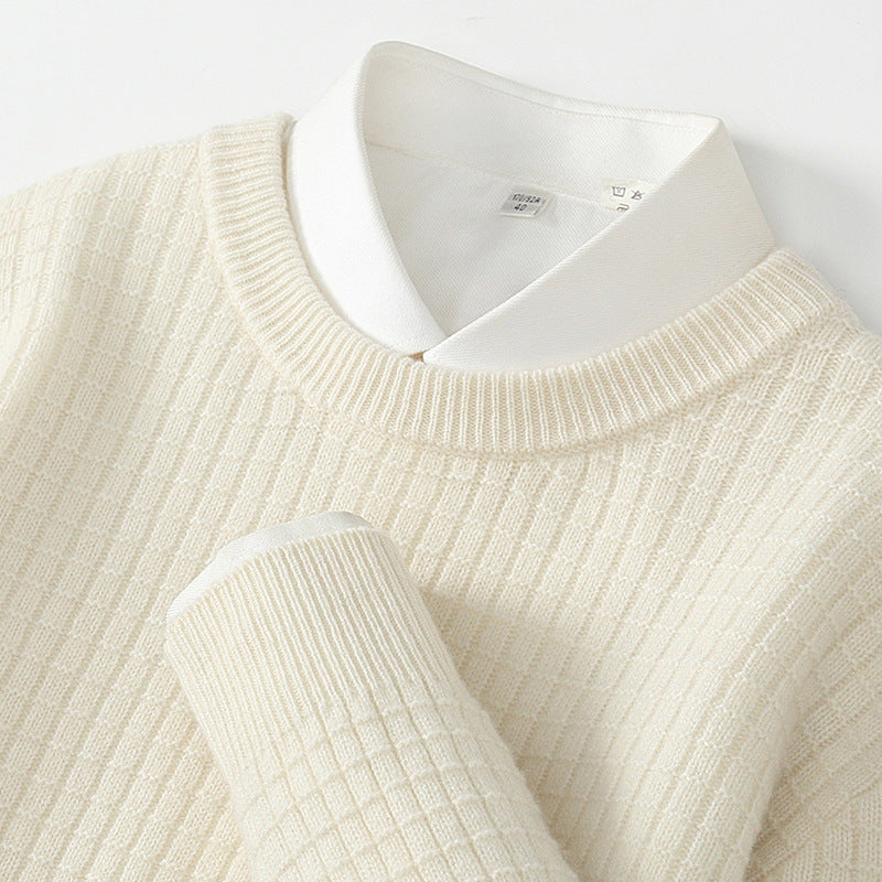 Men's Round Neck Woolen Sweater Business Casual Plaid Jacquard