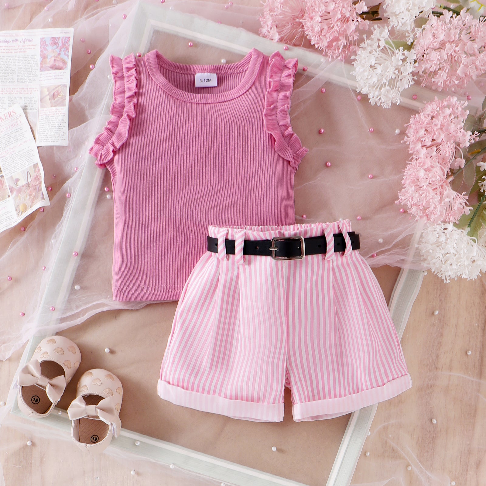 Girls' Pink Sunken Stripe Vest Shorts