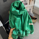 Beige Artificial Cashmere Scarf Fur Ball Winter Warm Tassel Shawl