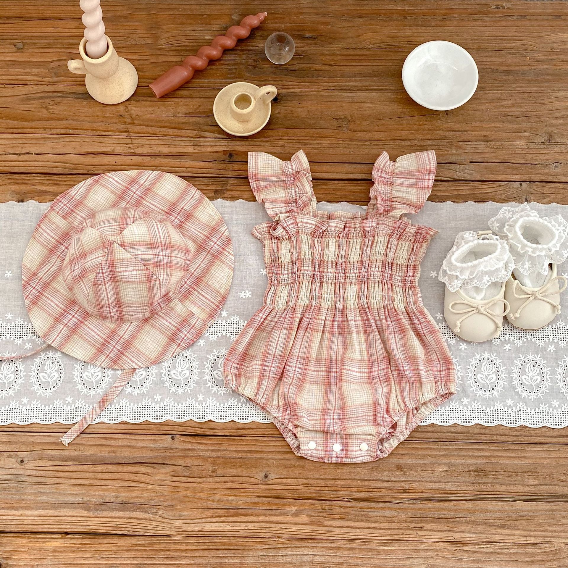 Thin Summer Clothing Baby Girl Color Matching Plaid Onesie Clothes Get Hat For Free