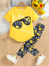 Girls Heat Transfer Patch Short Sleeve Round Neck Top Casual Pants Suit