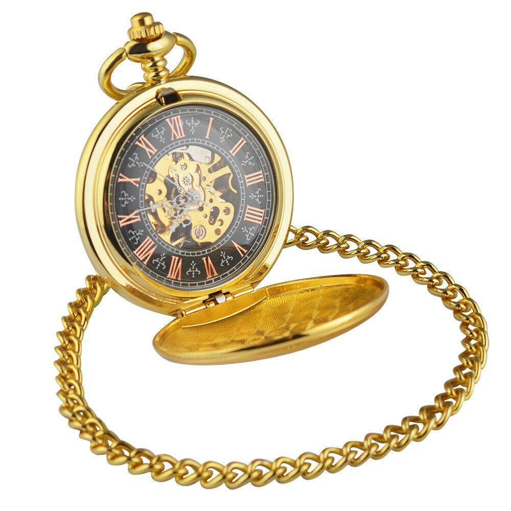 Retro Hollow Big Floral Print Automatic Mechanical Pocket Watch