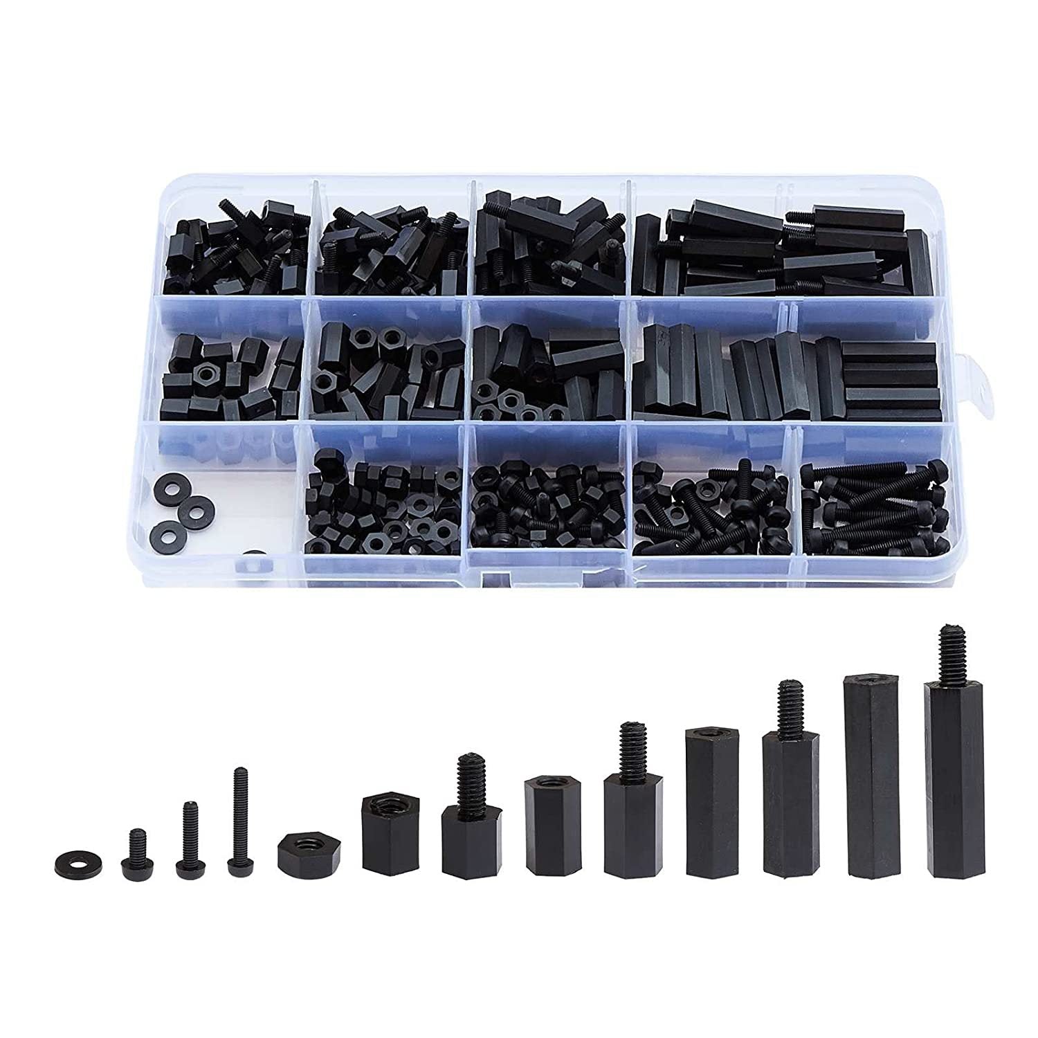 Black M3 Plastic Nylon Screw Nut Hex Isolation Column Gasket Suit