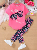 Girls Heat Transfer Patch Short Sleeve Round Neck Top Casual Pants Suit