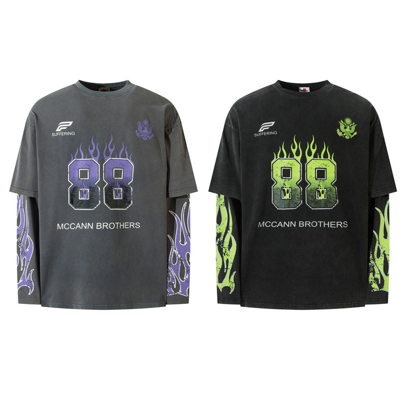 Flame Letter Print Fake Two-piece Long Sleeve Loose Retro Distressed Top