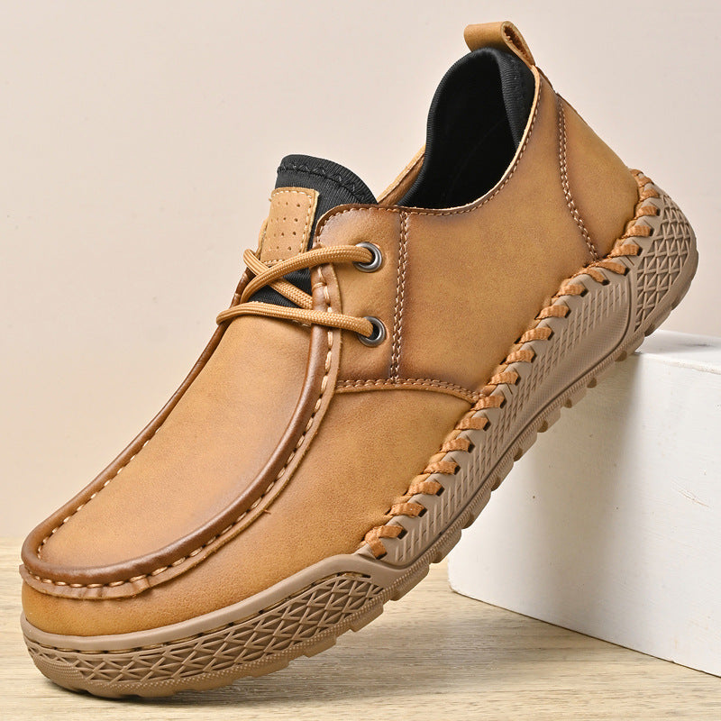 Men's Casual Leather Shoes Hand-stitched Bottom Lightweight Low Top