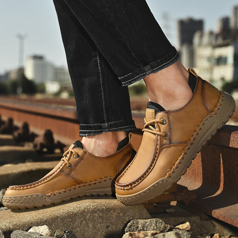 Men's Casual Leather Shoes Hand-stitched Bottom Lightweight Low Top