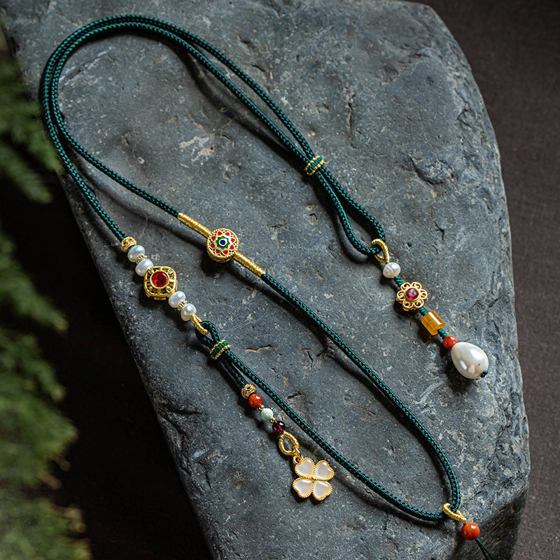 Antique Style Gold Pendant Lanyard Fine Woven Long Jade Emerald Beeswax