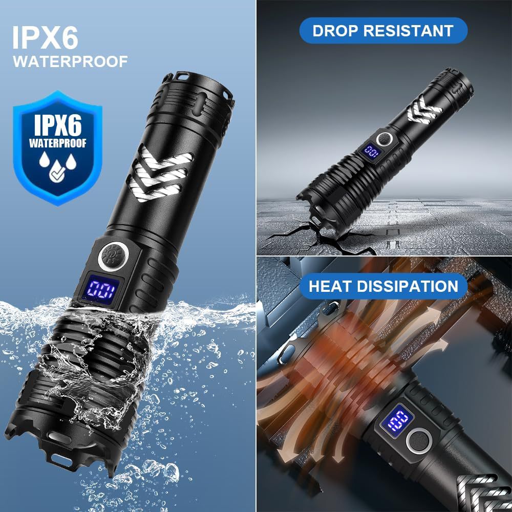 Power Torch Type-C Rechargeable Smart Screen Display Outdoor Zoom LED Flashlight