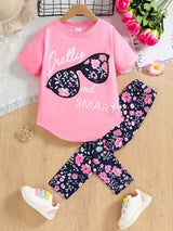 Girls Heat Transfer Patch Short Sleeve Round Neck Top Casual Pants Suit