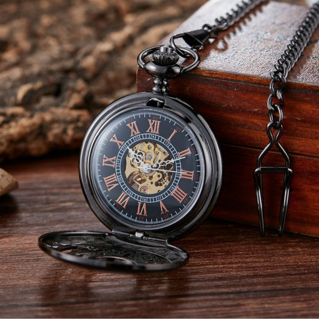 Retro Hollow Big Floral Print Automatic Mechanical Pocket Watch