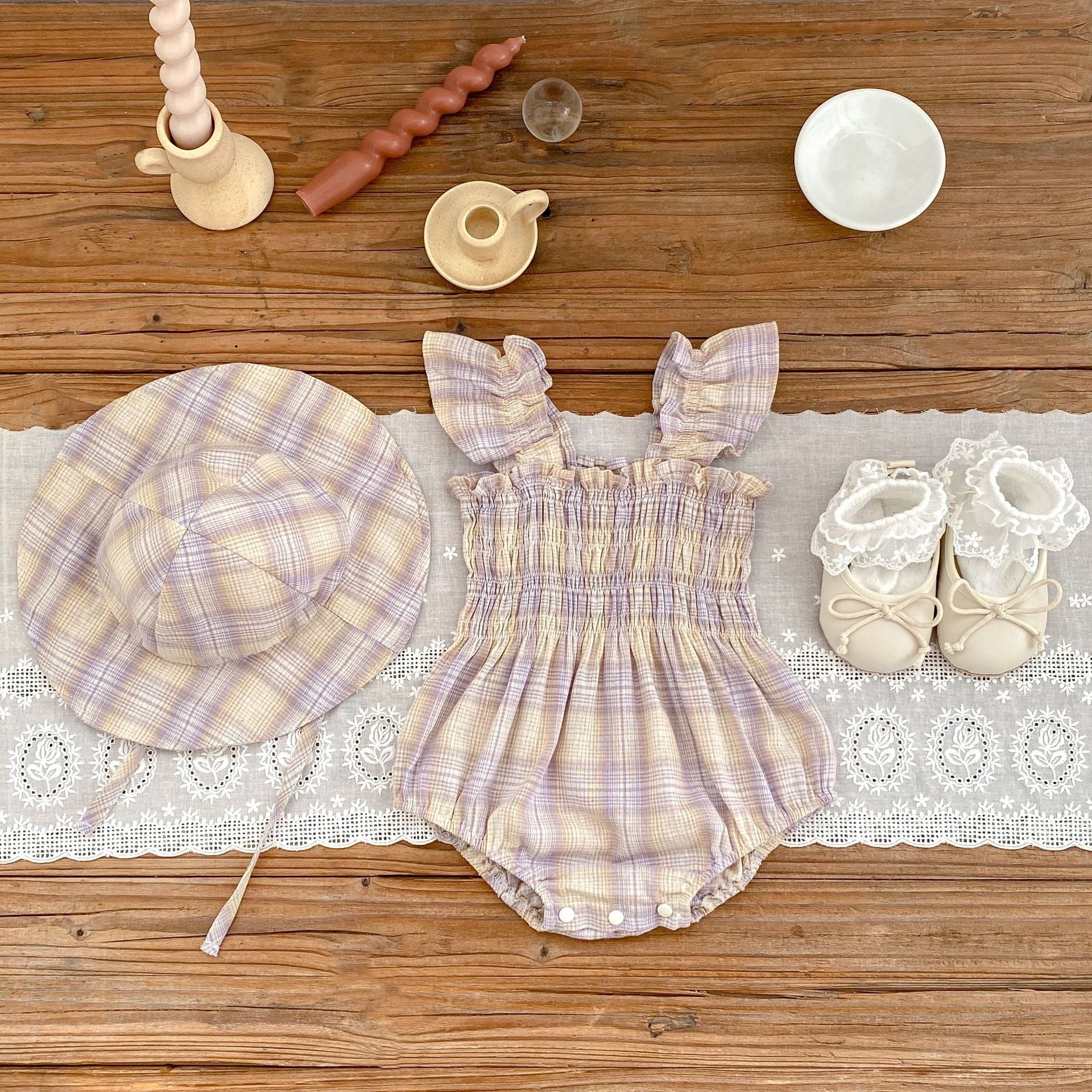 Thin Summer Clothing Baby Girl Color Matching Plaid Onesie Clothes Get Hat For Free