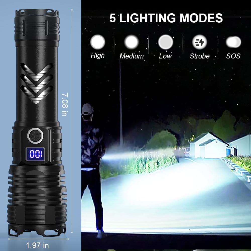 Power Torch Type-C Rechargeable Smart Screen Display Outdoor Zoom LED Flashlight