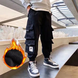 Men's Medium And Large Children's Multi-bag Fleece Ankle-tied Casual Working Pants Tide