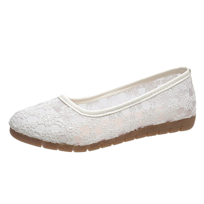 Lace Mesh Hollow Round Toe Shallow Mouth Mom Shoes