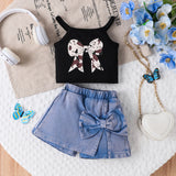 Sweet Cool Female Children's Suit Children Bow Print Sling Irregular Pantskirt