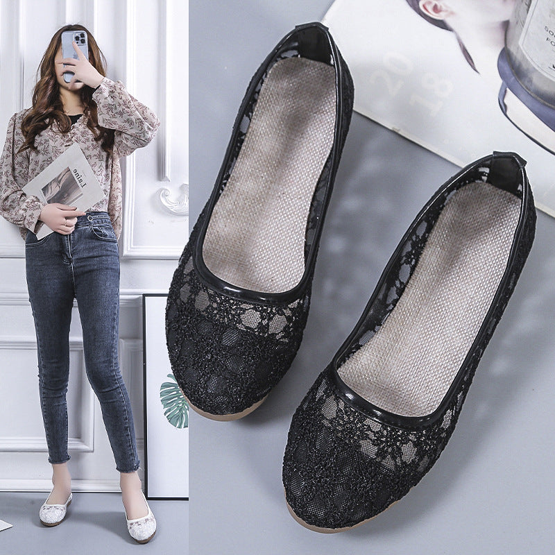 Lace Mesh Hollow Round Toe Shallow Mouth Mom Shoes