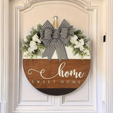 Wooden Welcome Home Sign Striped Bow Door Plate Outdoor Hanging Spring White Flower Decorations