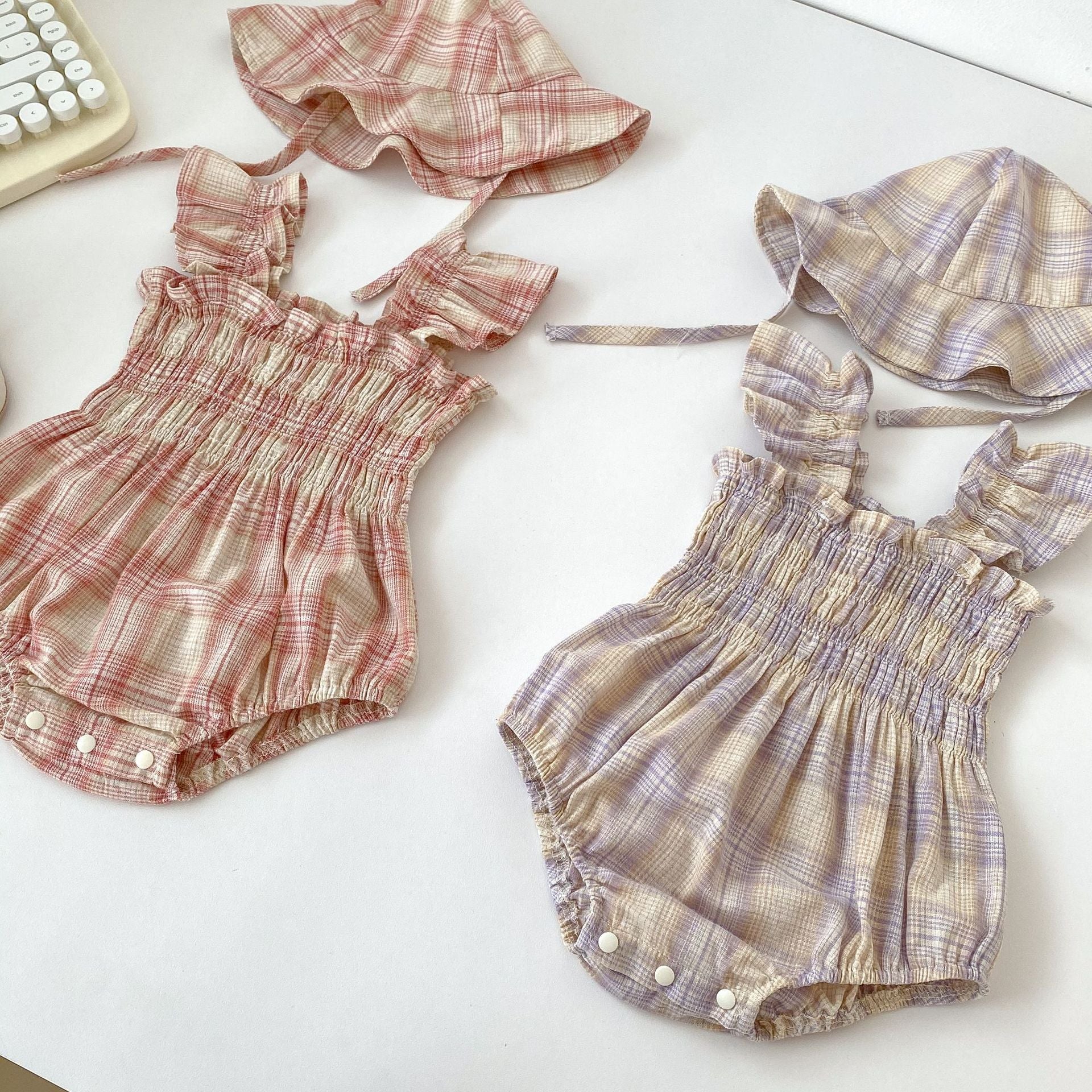 Thin Summer Clothing Baby Girl Color Matching Plaid Onesie Clothes Get Hat For Free