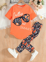 Girls Heat Transfer Patch Short Sleeve Round Neck Top Casual Pants Suit