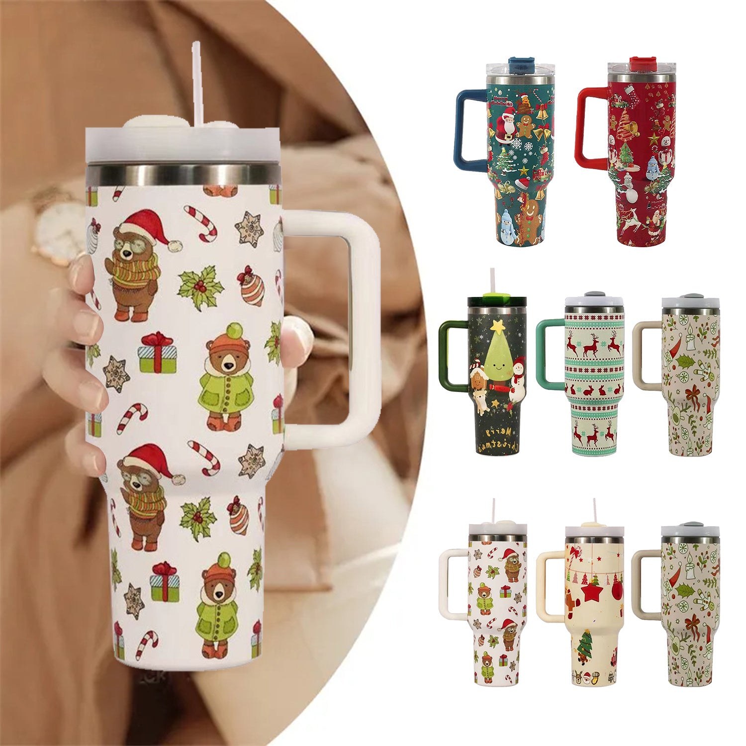 New Christmas Pattern Mug With Handle Lid Straw