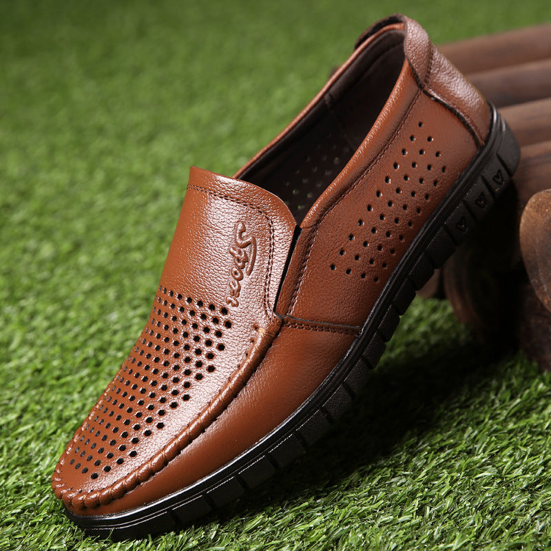 Breathable Hollow Hole Sandals Cowhide Middle-aged And Elderly Genuine Leather Soft Bottom Leather Shoes