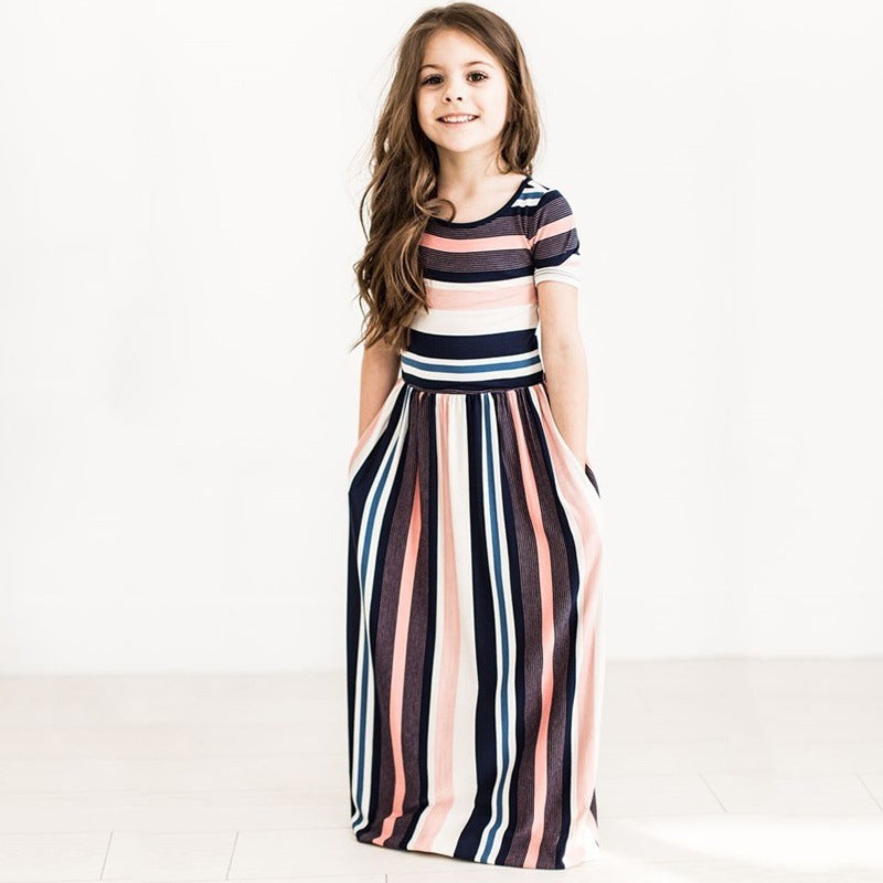 Girls Fashion Color Stripe Printing Dress
