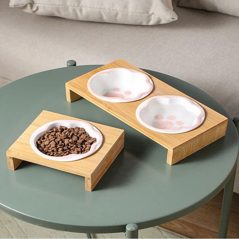 Wooden Frame Ceramic Pet Bowl