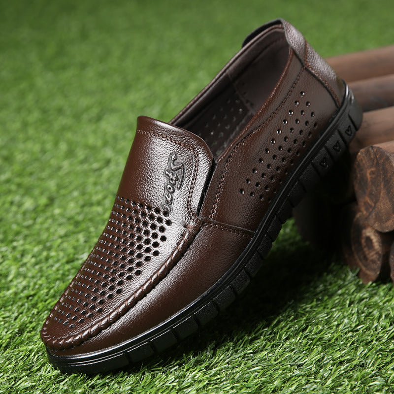 Breathable Hollow Hole Sandals Cowhide Middle-aged And Elderly Genuine Leather Soft Bottom Leather Shoes
