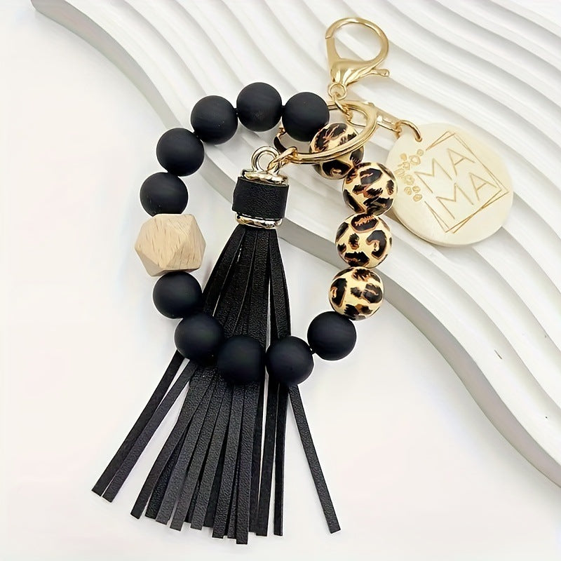 Silicone Bead Bracelet with Tassels and Wooden Bead Keychain